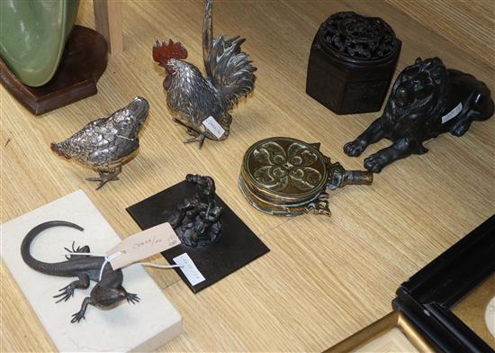 A bronze lizard, three lions, a hexagonal box, Neptune, two Meiji plated chickens and old brass flask